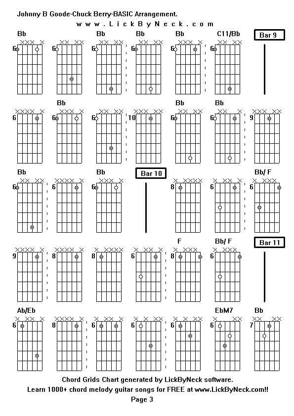 Chord Grids Chart of chord melody fingerstyle guitar song-Johnny B Goode-Chuck Berry-BASIC Arrangement,generated by LickByNeck software.